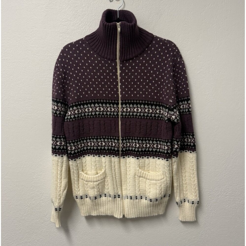 FLATIRON MILLS SWEATER VINTAGE KNIT FULL ZIP WOMENS M NORDIC CREAM PURPLE WINTER